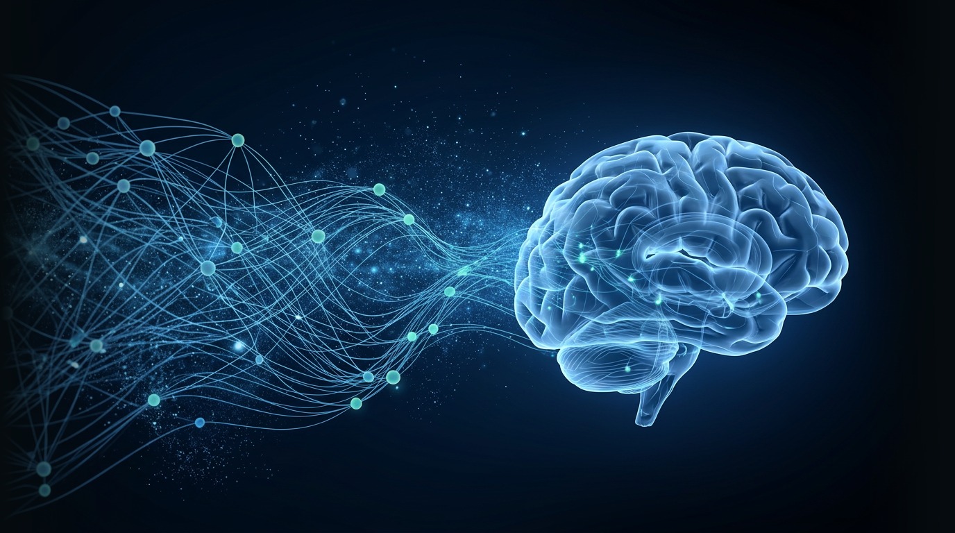 Glowing brain connected to a flowing neural network